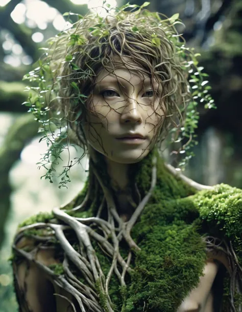 Bioengineered tree-human hybrid, looking at the viewer, entwined branches for hair, bark skin, foliage sprouting from the body, standing in overgrown ruins with moss and vines, ultra-realistic, high resolution, depth of field, aesthetic, product introduction photo.