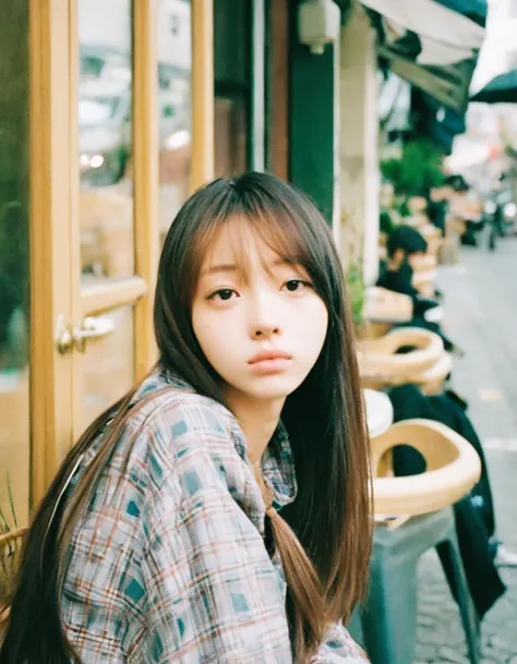 a close up of a woman sitting on a bench near a building