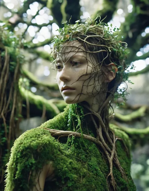 Bioengineered tree-human hybrid, looking at the viewer, entwined branches for hair, bark skin, foliage sprouting from the body, standing in overgrown ruins with moss and vines, ultra-realistic, high resolution, depth of field, aesthetic, product introduction photo.