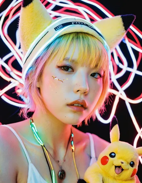 a close up of a person holding a stuffed animal near a neon light