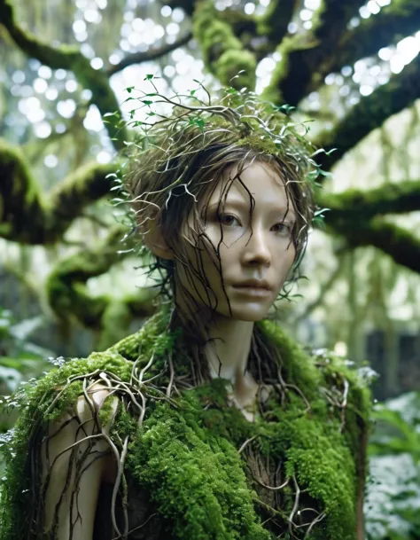 Bioengineered tree-human hybrid, looking at the viewer, entwined branches for hair, bark skin, foliage sprouting from the body, standing in overgrown ruins with moss and vines, ultra-realistic, high resolution, depth of field, aesthetic, product introduction photo.