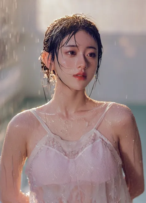 cinematic photo,realistic skin,upper body,a girl with soaked dress,soft light,4k,hdr,k-pop,Film photography,Nolan 5219 shooting