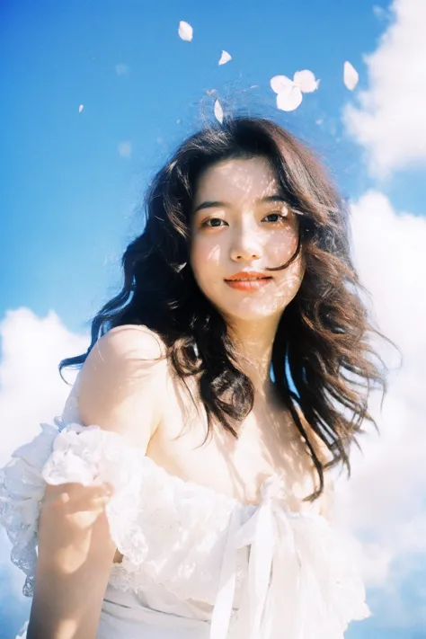 Film photography,asian women,young,white dress,looking at viewer,soft sunshine,(shoulder exposed:0.9),virtualization,flower,film particles,portrait,blue sky,cloud,smile,closed mouth,curly hair,, 8K,masterpiece, best quality:1.2,ultrahigh-res,