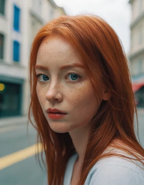 a close up of a woman with red hair and blue eyes