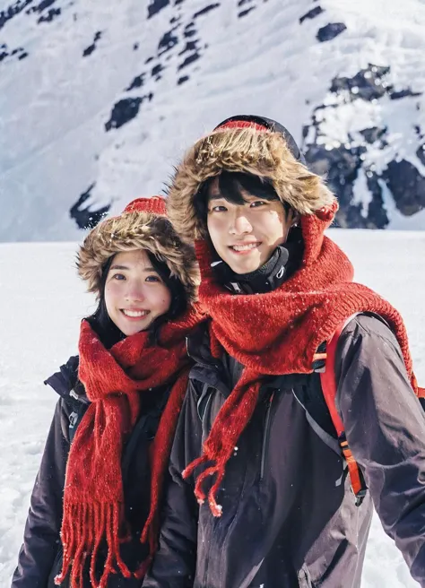 there are two people standing in the snow wearing hats and scarves