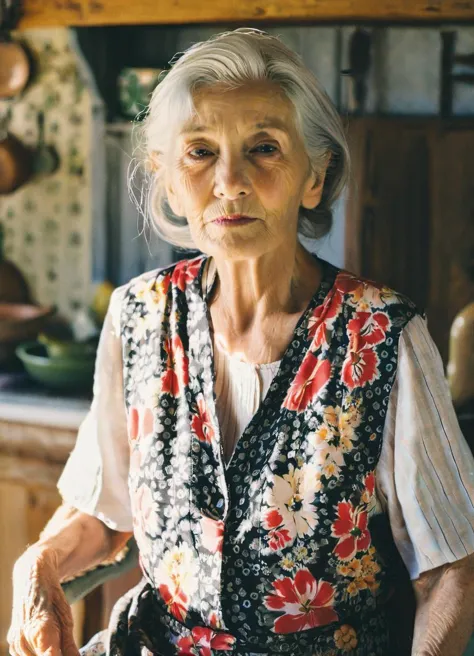 an older woman in a floral vest is holding a knife