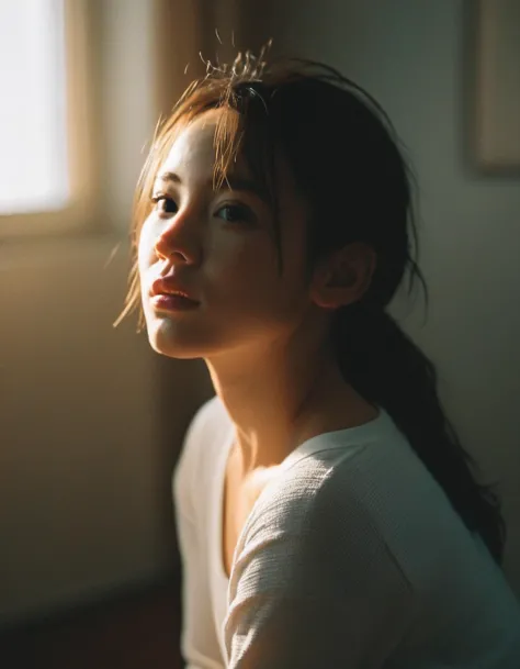 a woman sitting in front of a window looking up at the sun