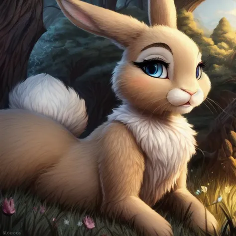 concept art <lora:thumper_frv1:0.8>, <lora:Furtastic_Detailer:0.7>, solo, Miss Bunny, female, bunny, cream colored fur, fluffy white furred cheeks, fluffy chest, sky blue eyes, long eye lashes, small feral bunny body, detailed eyes, detailed rabbit teeth, white tail, lying on the grass, sexy pose, erotic pose, erotica
masterpiece, detailed, NSFW, e621, detailed background, 8k, 4k, detailed shaders, play of light, glow effect . digital artwork, illustrative, painterly, matte painting, highly detailed