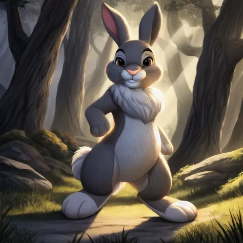 a cartoon rabbit standing in the woods with his arms crossed