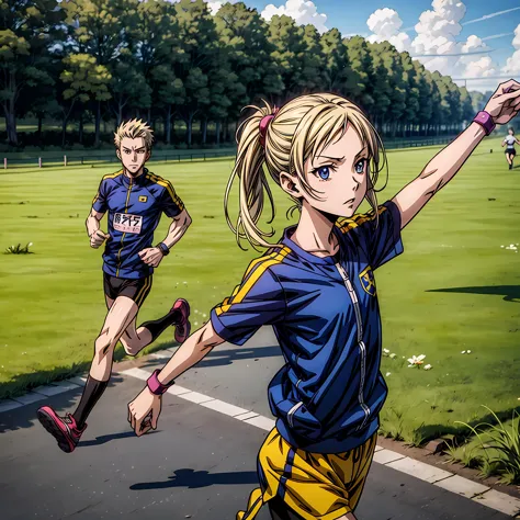 anime characters running on a road in a park