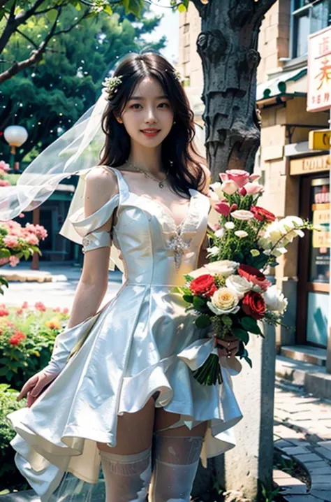 best quality,masterpiece,realistic,photorealistic,1girl,solo,looking at viewer,laughing,kind_smile,in winter,upside-down,bowing,comforting,dancing,firing,riding,smile,standing,cowboy shot,on back,red eyes,black hair,bride,dress,white dress,wedding dress,bridal veil,veil,elbow gloves,gloves,necklace,thighhighs,white thighhighs,holding bouquet,garden,flower,tree,<lora:tianfeng_filmgirls5:0.8>,<lora:hd_helper_v1:0.7>,Transparent Dress,zoo,chinese style architecture,convenience store,upskirt,from_below,looking_at_viewer,<lora:0254 Palace style wedding dress_v1:0.4>,, (Canon RF85mm f/1.2,best quality,Realisticity:1.4,Cinematic Lighting),(8k, RAW photo, best quality, masterpiece:1.2),(realistic, photo-realistic:1.4),cinematic lighting,photon mapping,