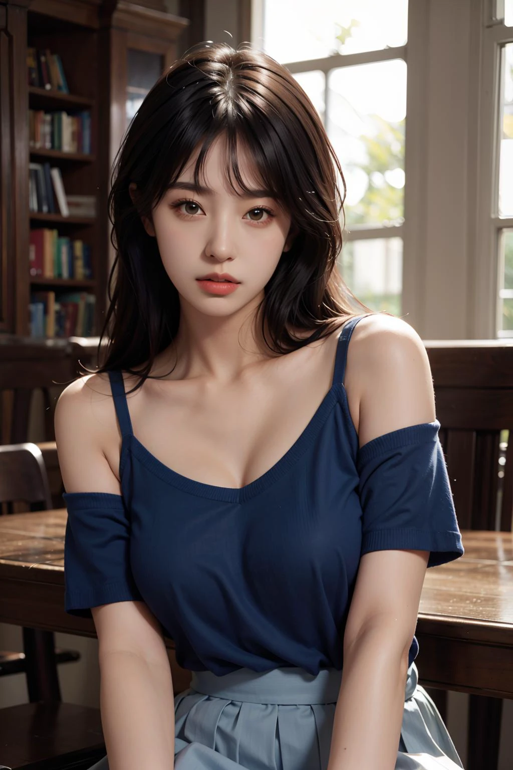 1girl,solo,(lshort-sleeved JK_sailor),JK_style,(dark blue JK_skirt),(bow JK_tie),(Inside the library:1.2),realistic,fully body,black hair,long hair,black eyes,lips,parted lips,collarbone,bare shoulders,portrait,nose,Best quality,masterpiece,ultra high res,(photorealistic:1.4),raw photo,  