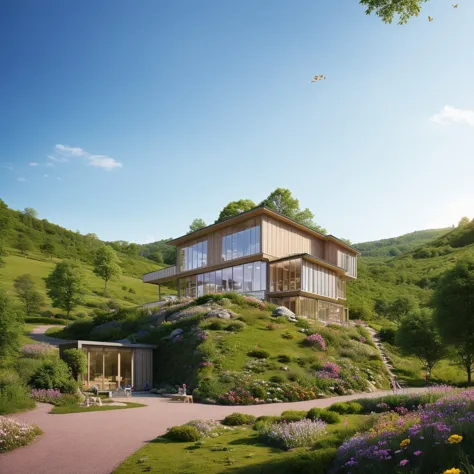 a small and beautiful modern house on a slope of a green hill, the hill has millions of tiny colorful wild flowers, blue sky as ...