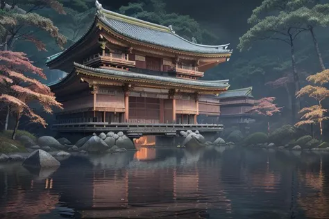 arafed image of a japanese temple in the middle of a lake