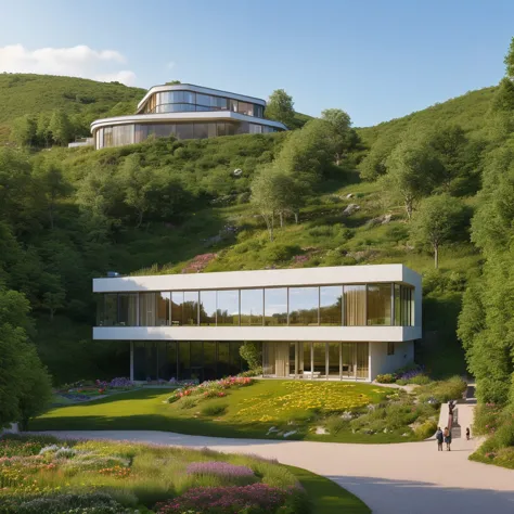 ein kleines und schönes modernes Haus am Hang eines grünen Hügels, Der Hügel hat Millionen kleiner bunter Wildblumen, blauer Himmel als Hintergrund, hohe Details, Meisterwerk, highres, beste Qualität