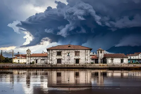 grande barcena, Cantabrie, bâtiment typique du village, ciel orageux
