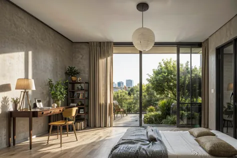 highres,city,panorama,indoors,sunlight,plant,bedroom,