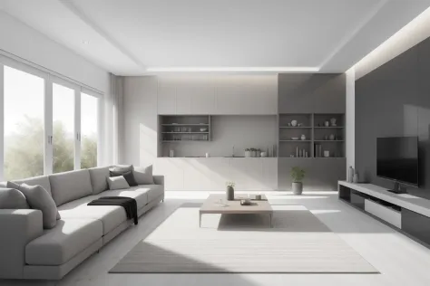 ((Best quality)), ((masterpiece)), ((realistic)), create a modern minimalist living room design that showcases clean lines and simplicity. The artwork should depict an interior space in a residential setting, specifically focused on the living room area. T...