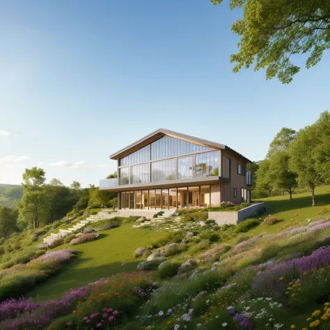 a small and beautiful modern house on a slope of a green hill, the hill has millions of tiny colorful wild flowers, blue sky as ...