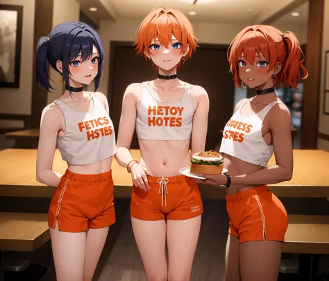 masterpiece, best quality, extreme detail, 8k, 3boys,boys standing in restaurant, detailed background, <lora:femboy-hooters:0.75...