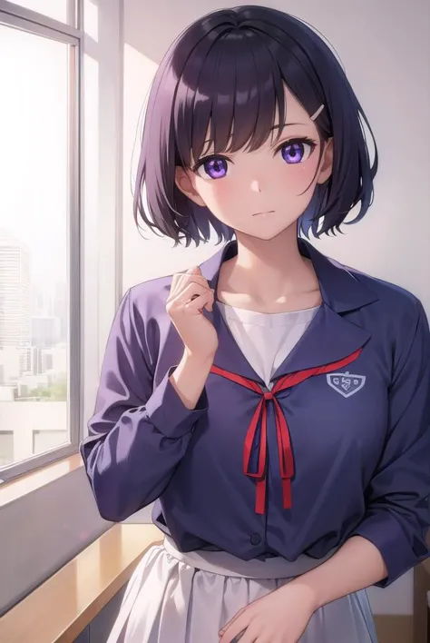 hanekawatsubasa, <lora:tsubasahanekawa-lora-nochekaiser:1>, 
hanekawa tsubasa, short hair, black hair, hair ornament, (purple eyes:1.1), hairclip,
BREAK skirt, school uniform, naoetsu high school uniform,
BREAK indoors, classroom,
BREAK looking at viewer, (cowboy shot:1.5),
BREAK <lyco:GoodHands-beta2:1>, (masterpiece:1.2), best quality, high resolution, unity 8k wallpaper, (illustration:0.8), (beautiful detailed eyes:1.6), extremely detailed face, perfect lighting, extremely detailed CG, (perfect hands, perfect anatomy),