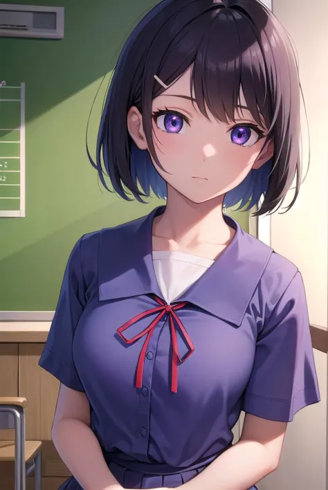 anime girl in a school uniform standing in front of a chalkboard