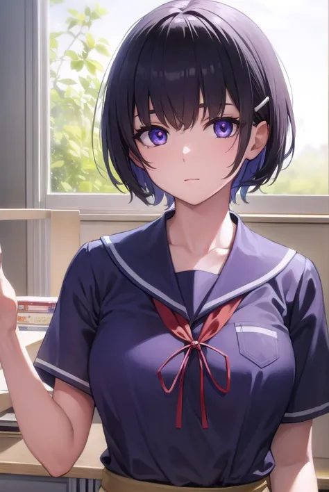 hanekawatsubasa, <lora:tsubasahanekawa-lora-nochekaiser:1>, 
hanekawa tsubasa, short hair, black hair, hair ornament, (purple eyes:1.1), hairclip,
BREAK skirt, school uniform, naoetsu high school uniform,
BREAK indoors, classroom,
BREAK looking at viewer, (cowboy shot:1.5),
BREAK <lyco:GoodHands-beta2:1>, (masterpiece:1.2), best quality, high resolution, unity 8k wallpaper, (illustration:0.8), (beautiful detailed eyes:1.6), extremely detailed face, perfect lighting, extremely detailed CG, (perfect hands, perfect anatomy),