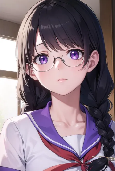 anime girl with long black hair and glasses looking at camera