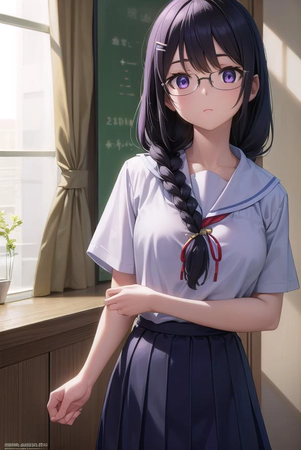 hanekawatsubasa, hanekawa tsubasa, cabelo longo, Cabelo preto, hair ornament, (olhos roxos:1.1), trança, presilha de cabelo, twin tranças, naoetsu alto uniforme escolar, copos,
QUEBRAR skirt, uniforme escolar, naoetsu alto ,
QUEBRAR indoors, sala de aula,
QUEBRAR looking at viewer, (tiro de vaqueiro:1.5),
QUEBRAR (Obra de arte:1.2), melhor qualidade, alta resolução, papel de parede da unidade 8k, (ilustração:0.8), (lindos olhos detalhados:1.6), rosto extremamente detalhado, iluminação perfeita, CG extremamente detalhado, (mãos perfeitas, anatomia perfeita),