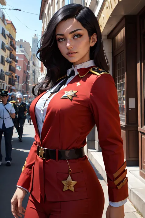 a close up of a woman in a uniform on a street