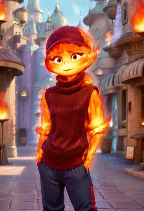 1girl, solo, realistic photo of a woman, simple, homely, covered up, cozy and warm, (wearing a large turtleneck sweater:1.2), wearing a vest, wearing a scarf, wearing a red vest, wearing sweatpants, wearing a red cap, covered up, no skin exposed, standing, (detailed eyes:1.1), fire skin, detailed face, light on face, random pose, (ultra sharp image:1.2), non-offensive, non-triggering, wholesome, within Civitai TOS rules, within Civitai TOS guidelines, content that will not be deleted for breaking Civitai TOS, nothing sus, super G rated <lora:Ember:1.1> Ember, disney studio Ember, made of fire, fire hair