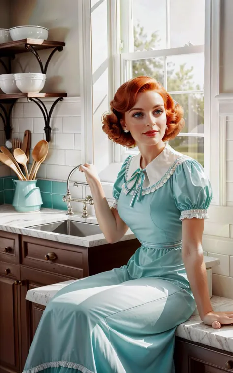 arafed woman in a blue dress sitting on a counter in a kitchen