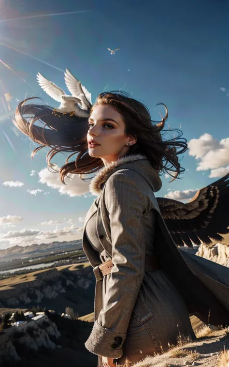 (clothed, masterpiece, wide angle, cinematic establishing shot, young adult european woman, highly detailed background:1.2), volumetric lighting, subsurface scattering, dynamic pose, (special effects, color grading, fantasy aura), (Wind Rider:1.4), (Small Perky breasts:0.81), Skyhigh cliffs, soaring birds, windblown hair, feathered cloak