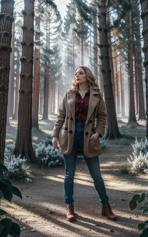 a woman standing in the woods wearing a coat and jeans