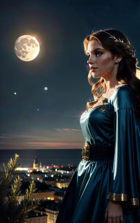 a woman in a blue dress standing on a hill with a full moon in the background