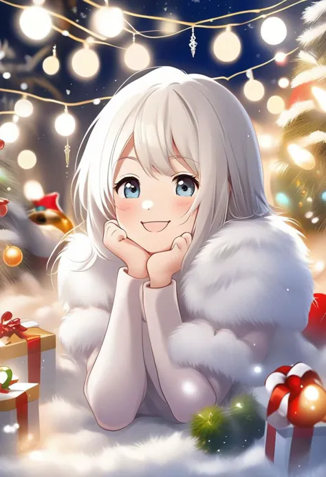 anime girl laying on the ground with christmas presents