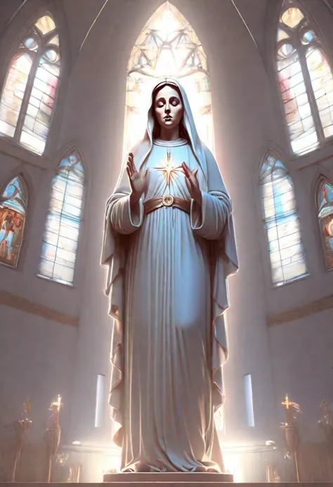 full body of virgin mary in a church with a holy light emanating from her body by wlop and greg rutkowski, in digital art illustration style. hyper detailed, smooth, sharp focus, trending on artstation, 4k