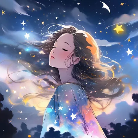 a girl with long hair and stars in the sky