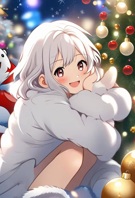 anime girl in white coat hugging her arms near christmas tree