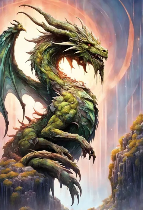 a painting of a dragon with a large head and a long tail