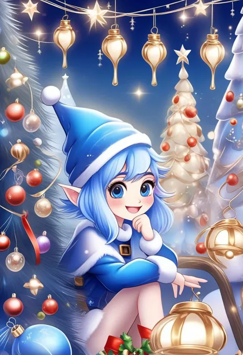 a girl in a blue dress and hat sitting on a bench next to a christmas tree