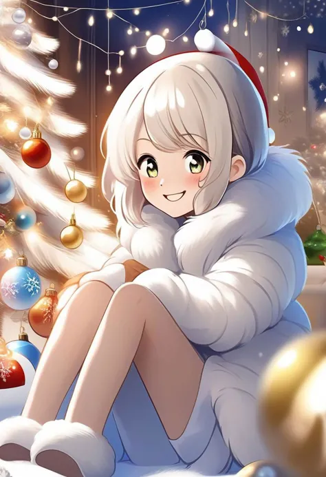 Christmas scene with a cute white 20 years old girl sitting among christmas decorations, smile, fluffy,  lights, holiday atmosphere, ultra-fine, digital painting