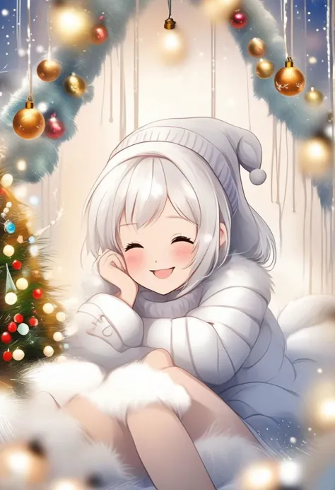 Christmas scene with a cute white 20 years old girl sitting among christmas decorations, smile, fluffy,  lights, holiday atmosphere, ultra-fine, digital painting