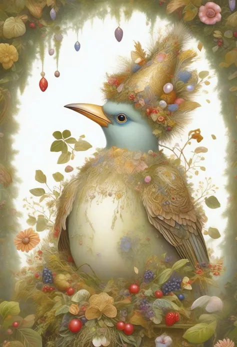 Whimsical and beautiful fantasy bird with party hats, encircling a feast of birdseed and berries, forest setting, art by James Christensen, magical forest, covered in botanicals and flowers, ornate, hyper detailed face and eyes, dripping paint, overgrown, abandoned, intricate, filigree, mother of pearl, 3D, fabulous, fantastical, gold leaf trim, magical, masterpiece painting, hyper detailed, captivating, enchanting, intense, scattered light, composed using the golden ratio, award winning, perfect composition, ultra hd, 8K, realistic, highly detailed, lighting by Vladimir Volegov and Steve Hanks