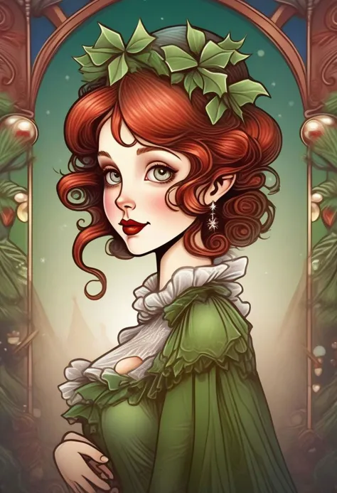 a drawing of a woman with red hair and a green dress