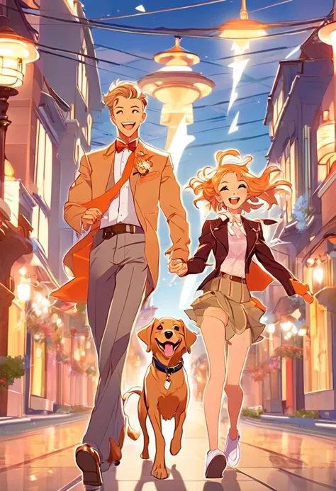 anime characters walking down a street with a dog