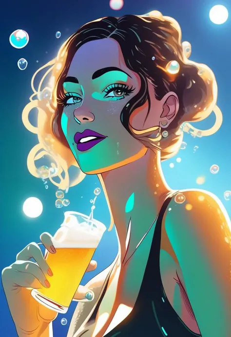 A elegant woman drinking a beer on a very hot day in lisbon, wet skin, beer splash, foam, bubbles, having fun, ice cubes, rave party, neon lights, photo realistic, high quality shot