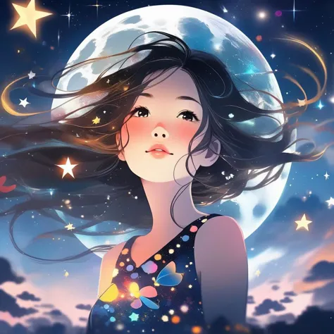 a girl with long hair and stars in the sky