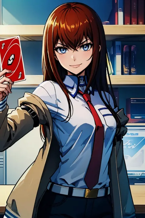 anime girl holding up a red card in a library