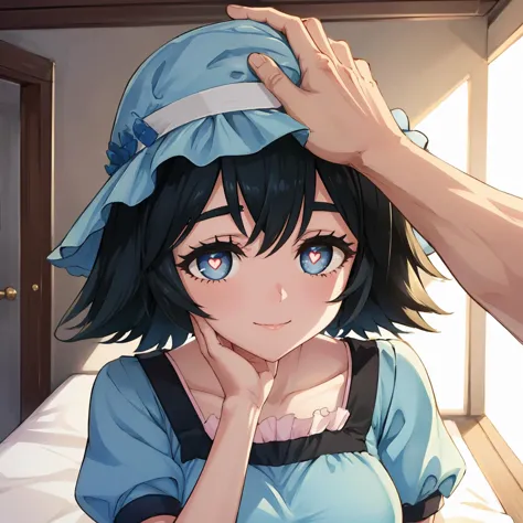 masterpiece, high quality, highres,
<lora:steinsgate_shiina-08:1>shiina mayuri, hat, light blue hat, breasts, large perky breasts, happy girl, solo, blue dress, short sleeves,
<lora:heart_eyes_v1.0:.7> heart-shaped_pupils
<lora:HeadpatPOVV2:1>IncrsHeadpatPOV, headpat, pov